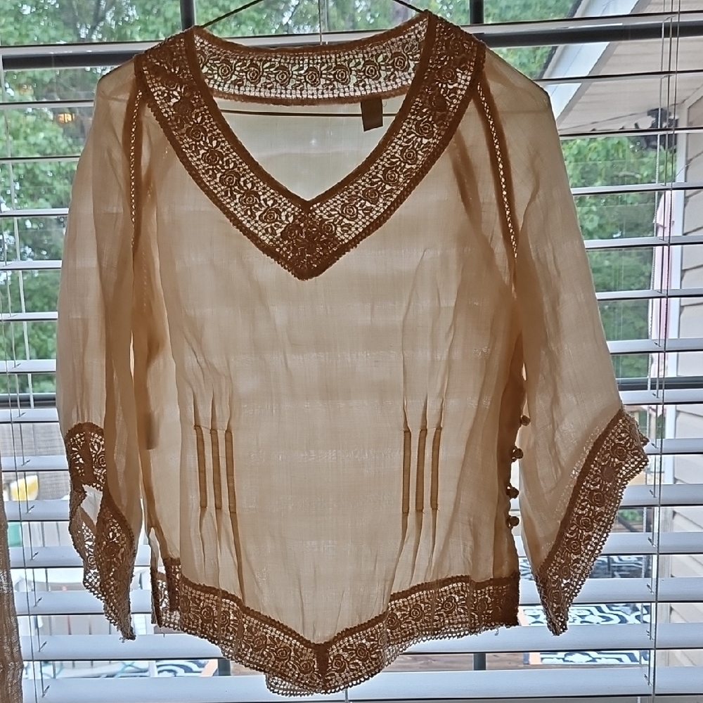 100% Ramie Linen Lace Embellished Ecru Blouse